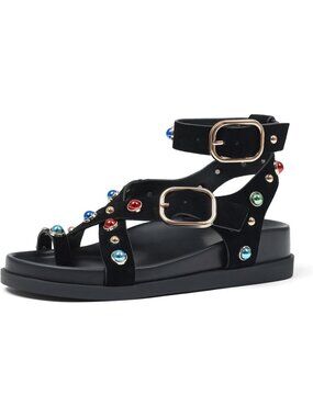 Women's Black Rhinestone Ankle Wrap Molded Footbed Flat Platform Sandal Shoes